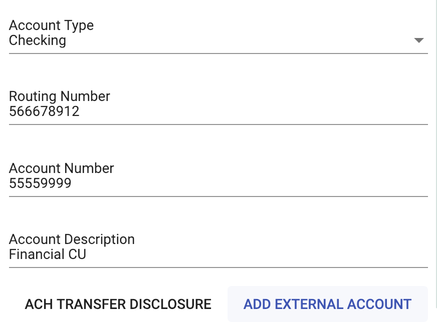 View of all the form fields in the mobile app to complete an ach transfer